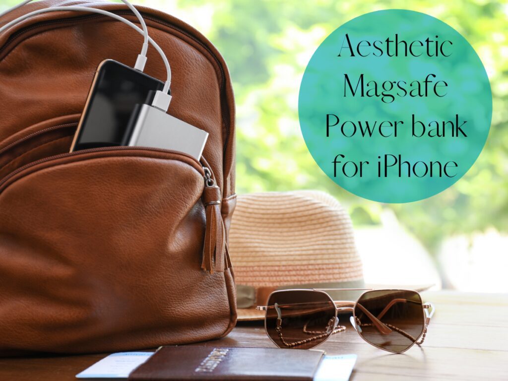 Leather backpack with travel essentials: sunglasses, power bank for travel, and sun hat
