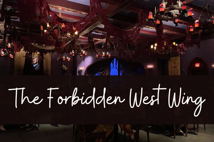 the forbidden west wing, a dark and lightly lit with chandeliers, torn fabric ceilings and beast painting in the back fo the room with enchanted rose