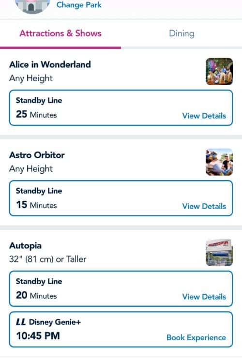 Disneyland App showing rides