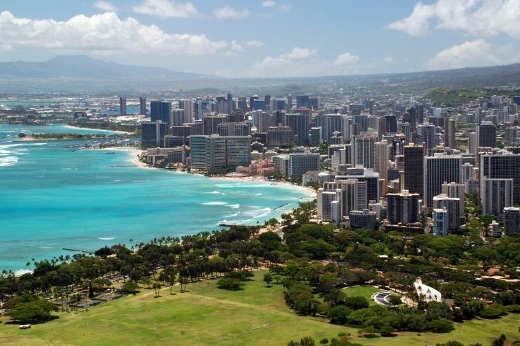 Honolulu coast line and view of city buidlings