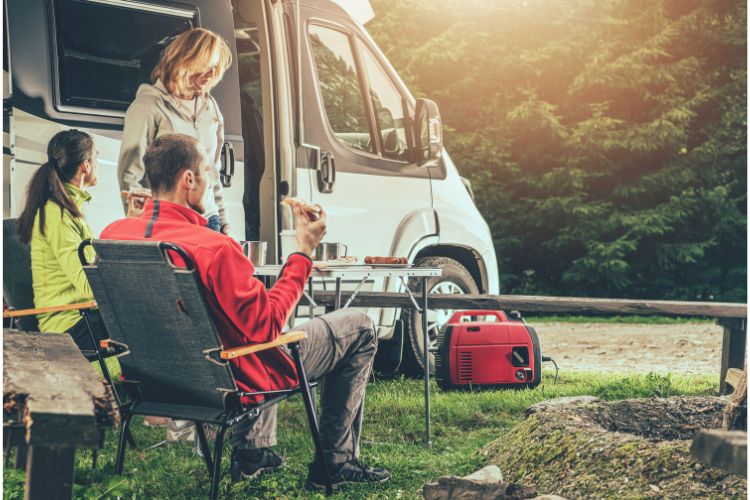 best road trip snacks like pizza are being enjoyed by this family outside their rv in the forest