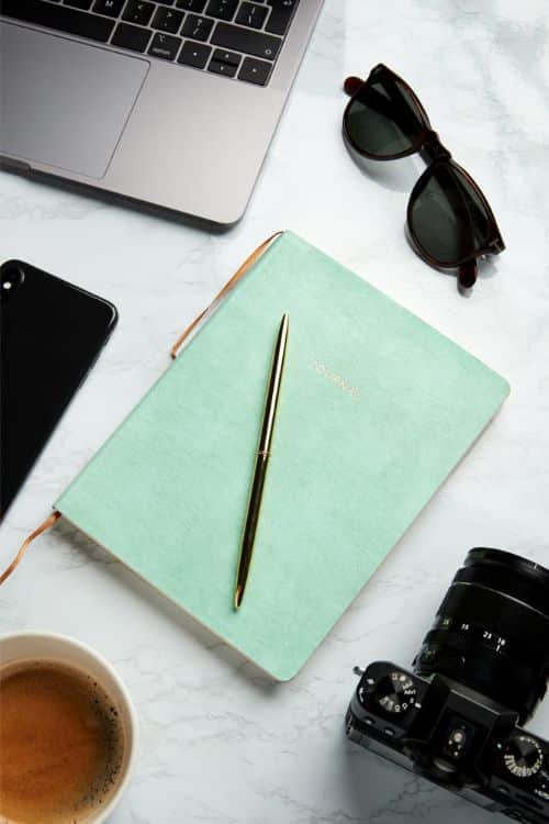 laptop, sunglasses,camera, gold pen, iphone, and green travel diary