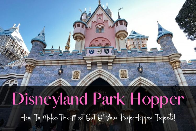 disneyland cinderella castle close up view with writing in front disneyland park hopper, how to make the most out of your park hopper tickets!