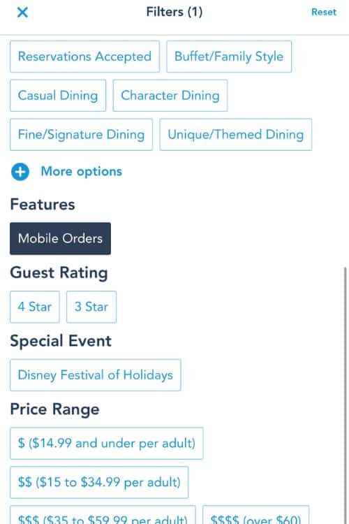 filtering of options for mobile orders on disney app 
