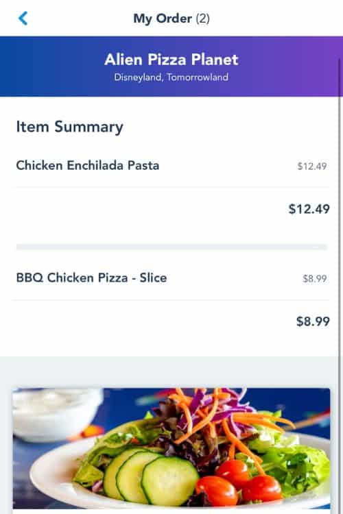 Disneyland mobile order summary : chicken enchilada pasta and bbq chicken pizza 