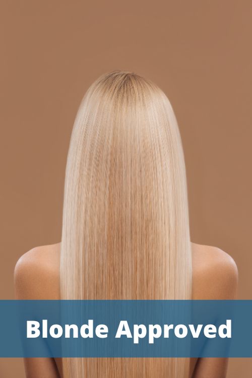 Blonde hair on woman from behind, text says blonde approved
