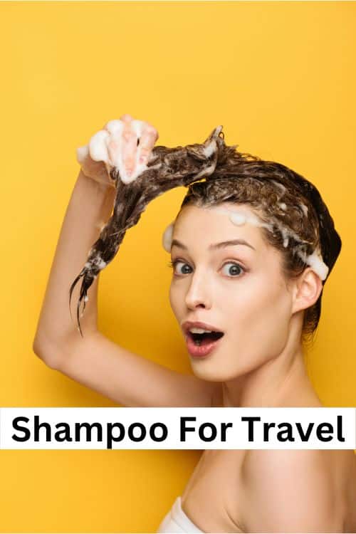 Woman washing her hair, text says shampoo for travel