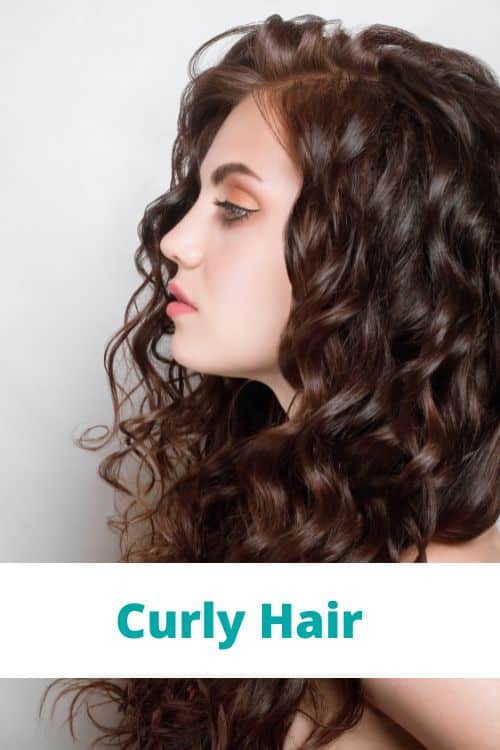 Brunette with curly hair side view, text says curly hair