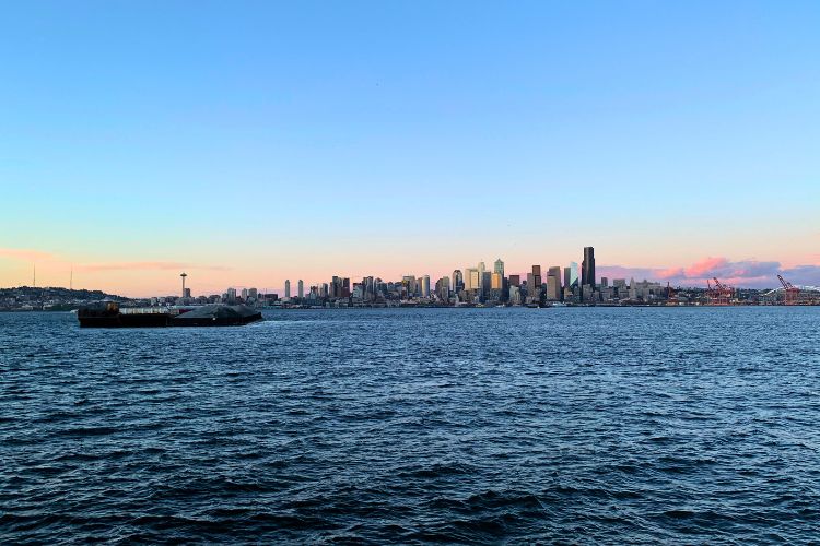 view of Seattle and the Puget sound from alki beach during the summer