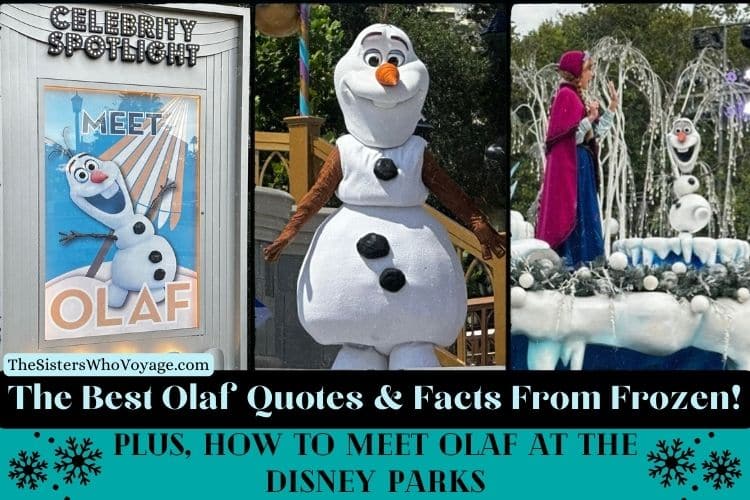 The best Olaf Quotes and Facts from Frozen. Featuring Olaf, a how to meet Olaf poster, and Olaf and Anna on a float