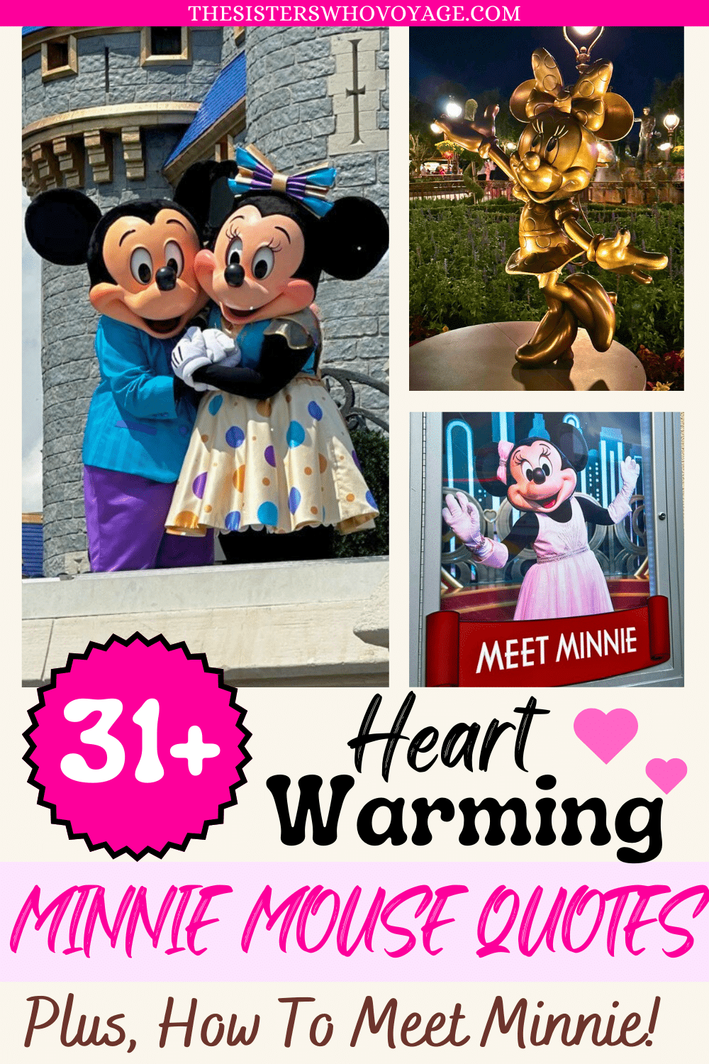 Minnie Mouse Quotes and Minnie mouse and mickey mouse hugging, Minnie statue, and meet Minnie poster